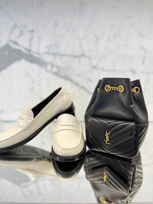 Saint Laurent Black Leather Quilted Bucket Bag and White Leather Loafers Set