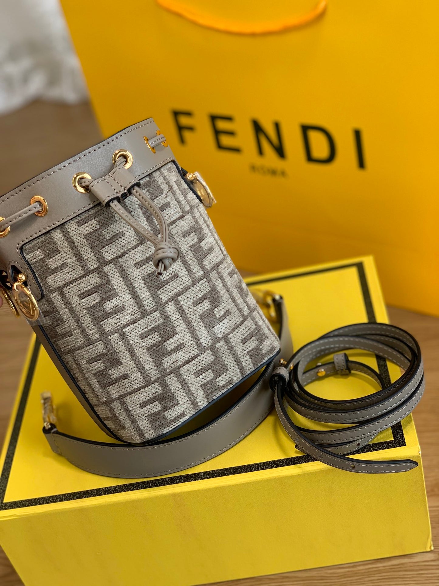 Fendi Mon Tresor Mini Bucket Bag - Grey FF Zucca Canvas with Leather Trim