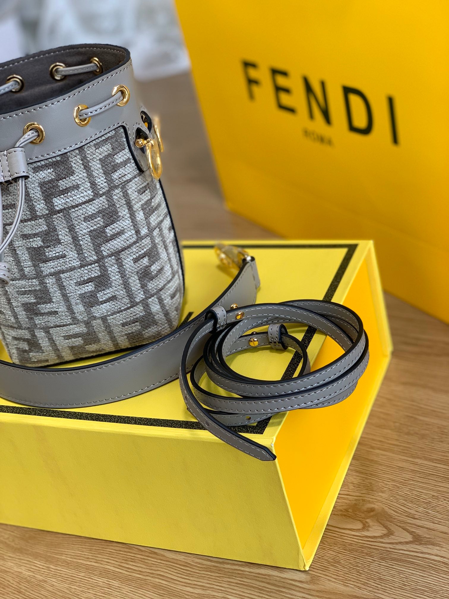 Fendi Mon Tresor Mini Bucket Bag - Grey FF Zucca Canvas with Leather Trim