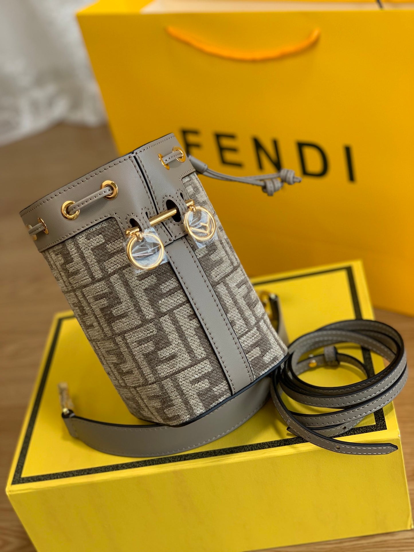 Fendi Mon Tresor Mini FF Monogram Bucket Bag in Grey Fabric
