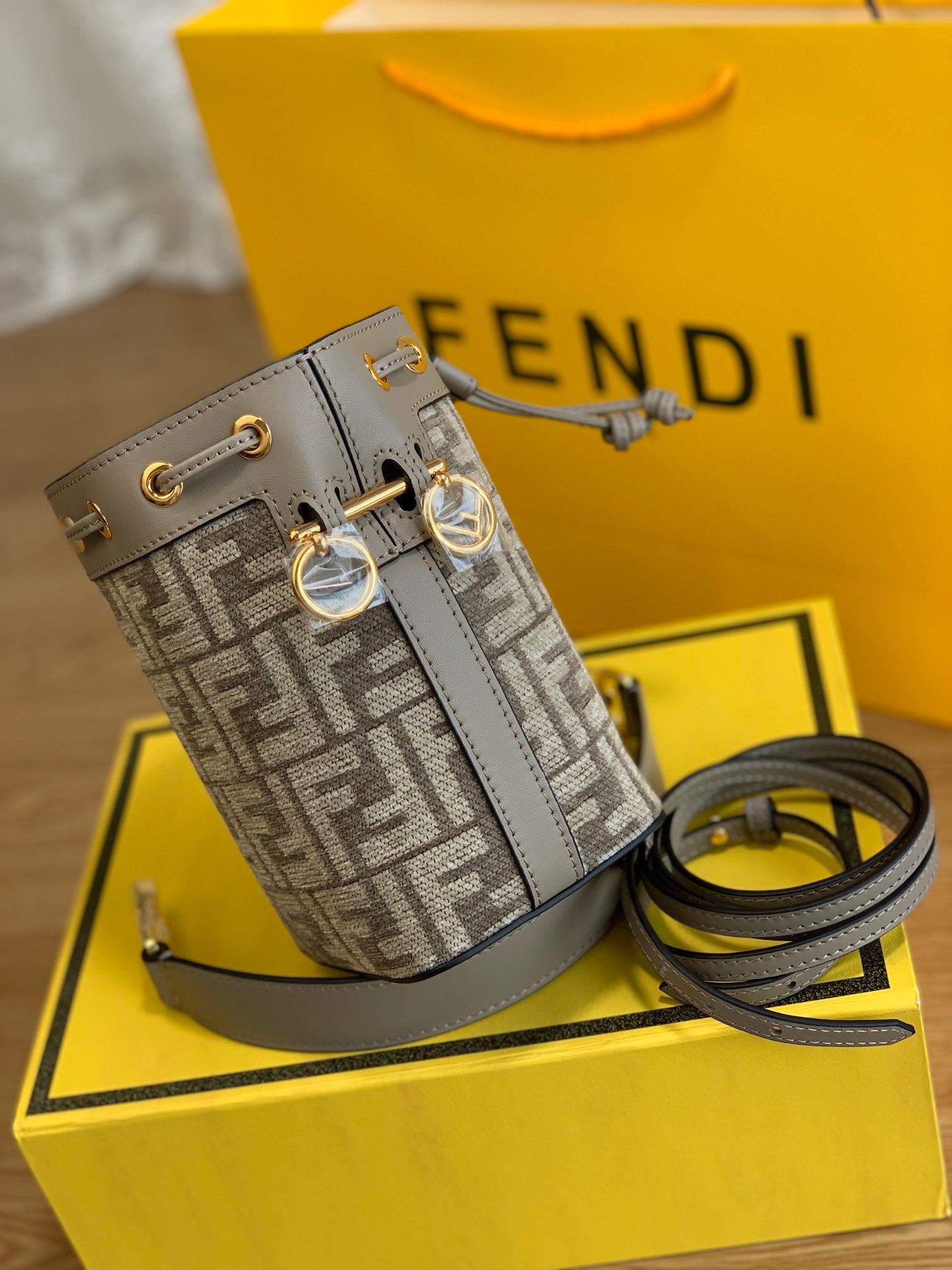 Fendi Mon Tresor Mini Bucket Bag - Grey FF Zucca Canvas with Leather Trim