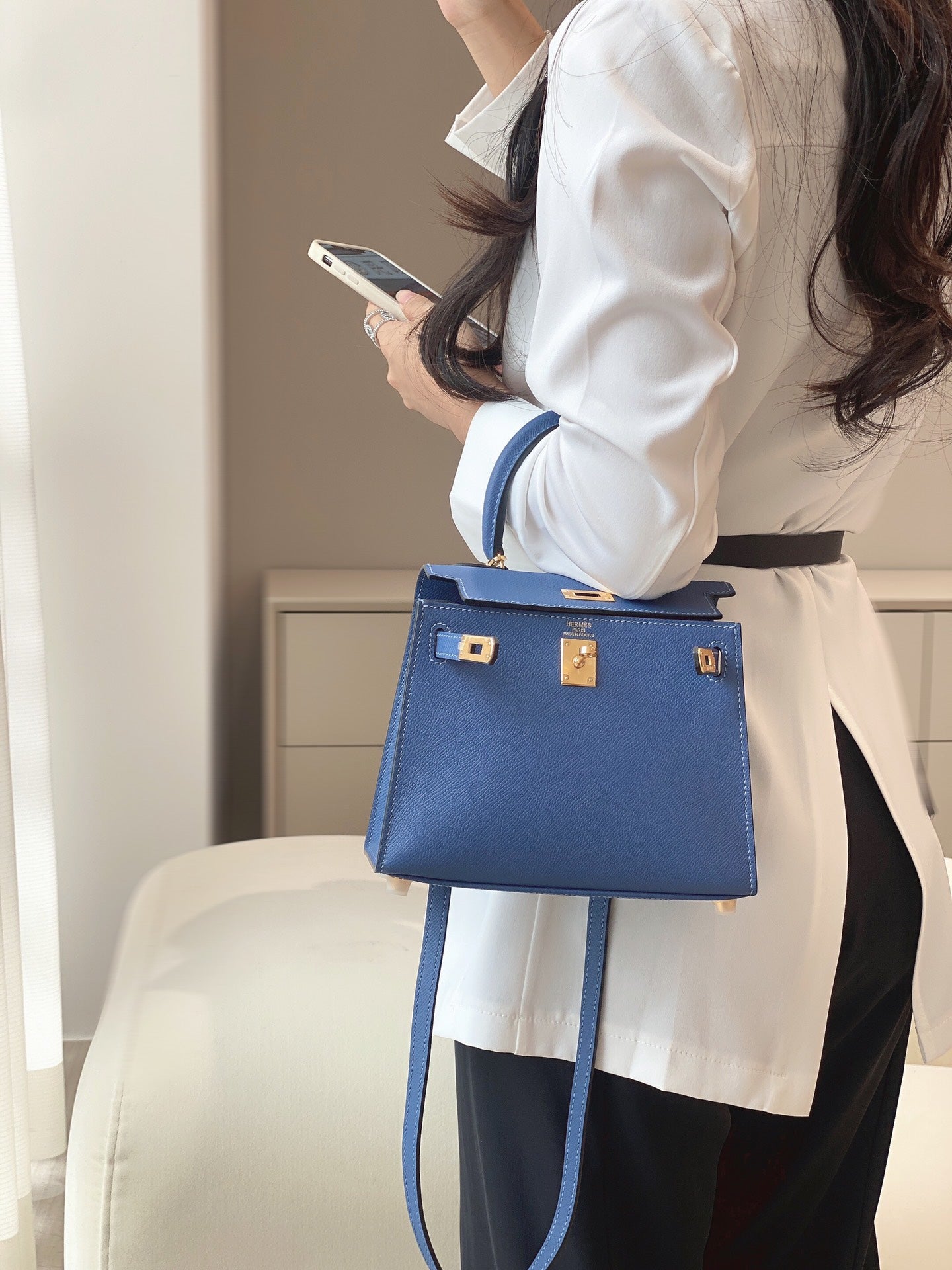 Women's Royal Blue Leather Top Handle Crossbody Bag - Elegant Designer Inspired Satchel with Gold Hardware