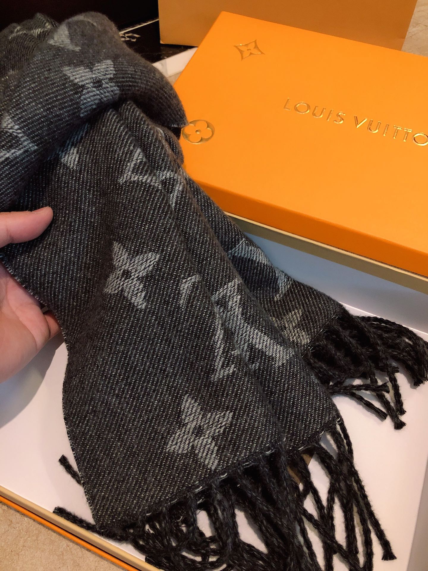 Louis Vuitton Monogram and Houndstooth Wool Scarf - Grey and Black Reversible Fringe Shawl