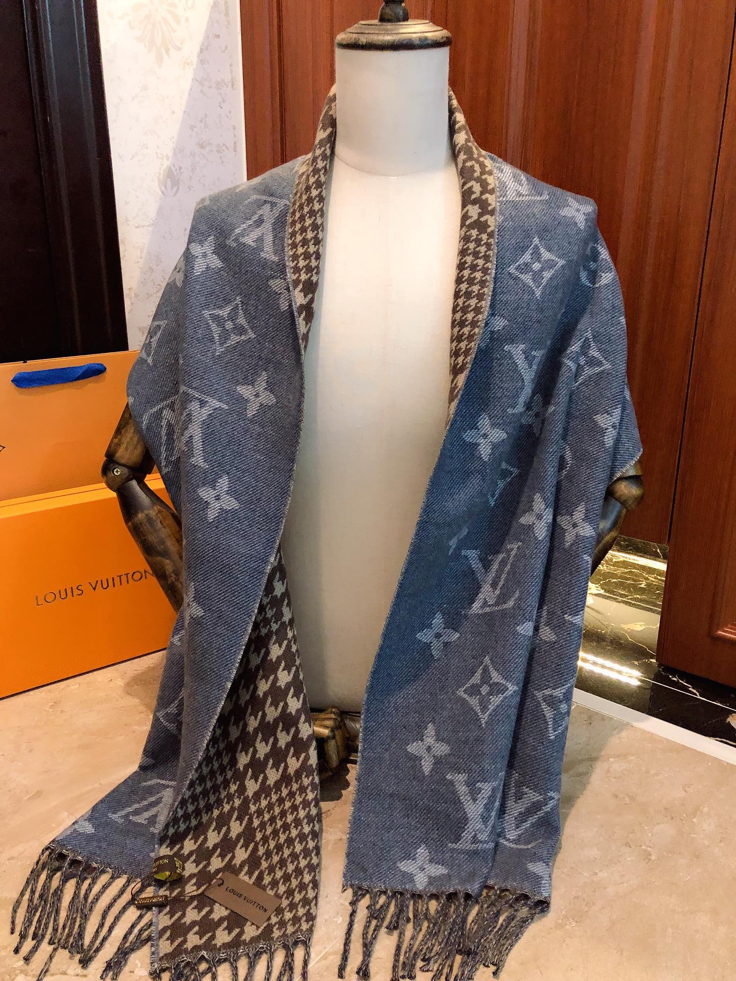Louis Vuitton Monogram Denim Blue Reversible Wool Silk Scarf Shawl with Fringe