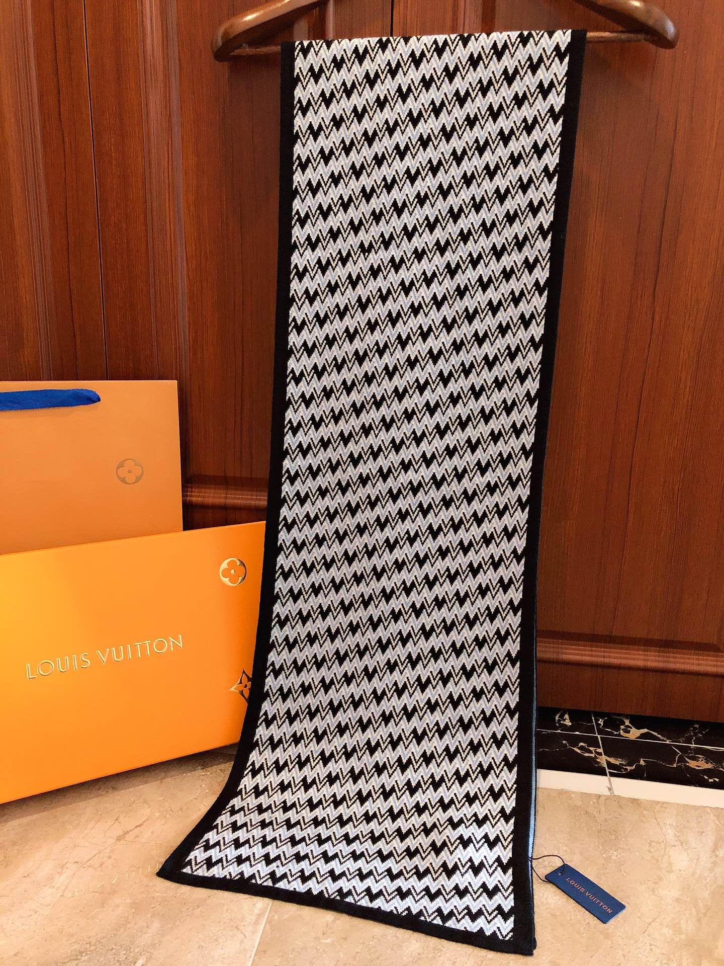 Men's Geometric Chevron Knit Scarf - Black, White, and Blue Patterned Luxury Winter Neck Wrap