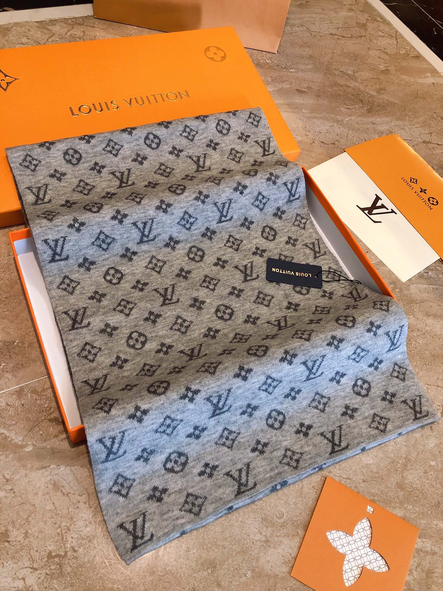 Classic Monogram Pattern Scarf, Grey and Blue Elegant Winter Neck Wrap, Luxury Style Fashion Accessory for Men and Women