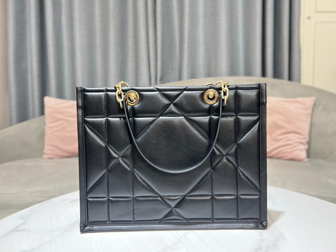 Dior Elegant Black Quilted Leather Tote Handbag with Top Handles
