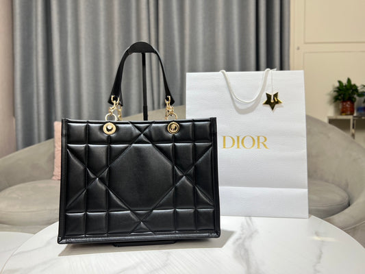 Dior Elegant Black Quilted Leather Tote Handbag with Top Handles