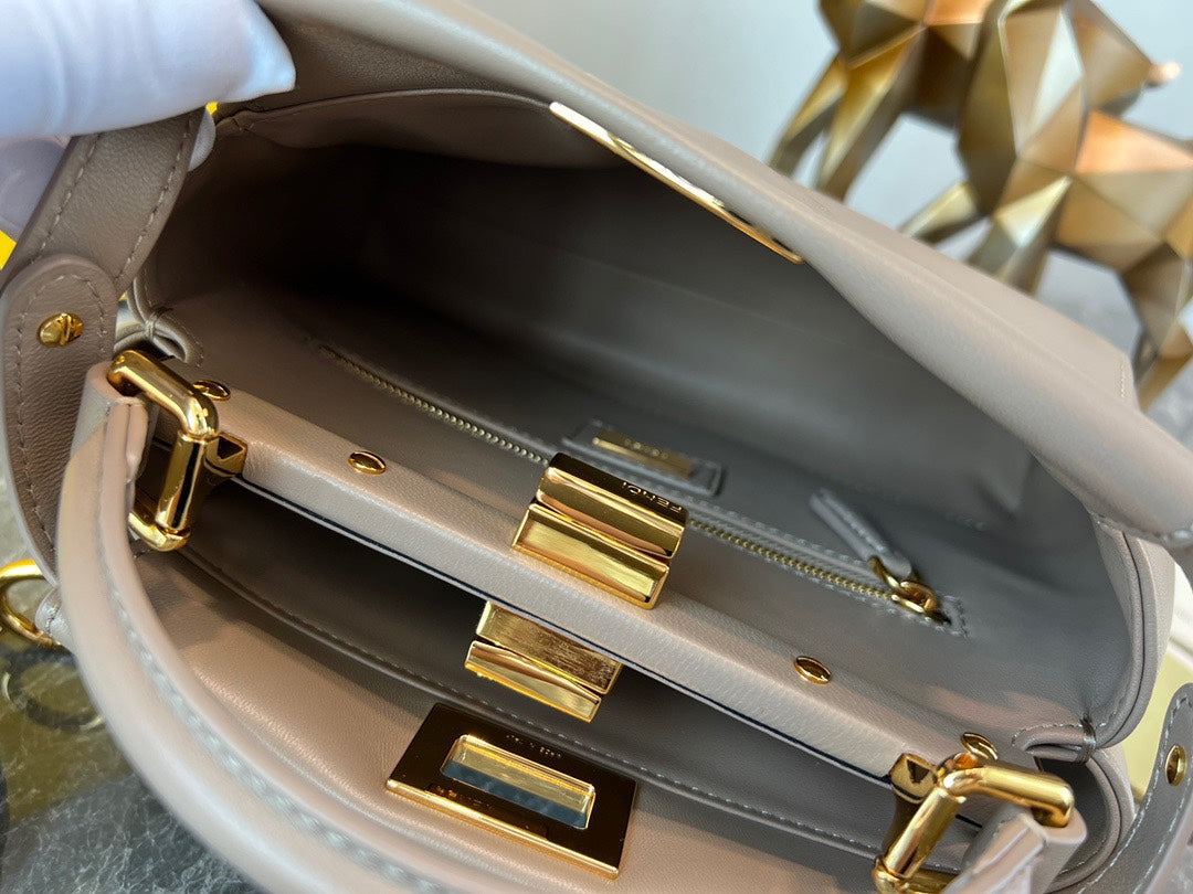 Fendi Peekaboo Small Beige Leather Handbag with Gold-Tone Hardware