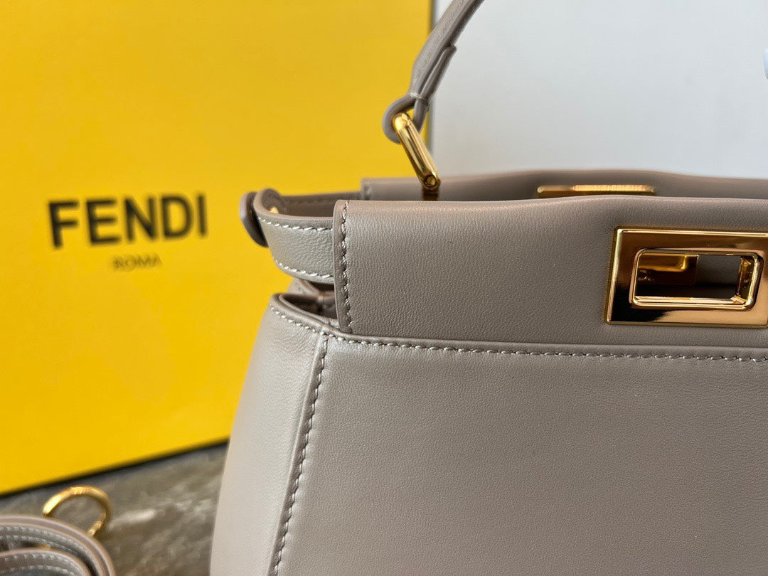 Fendi Peekaboo Small Beige Leather Handbag with Gold-Tone Hardware