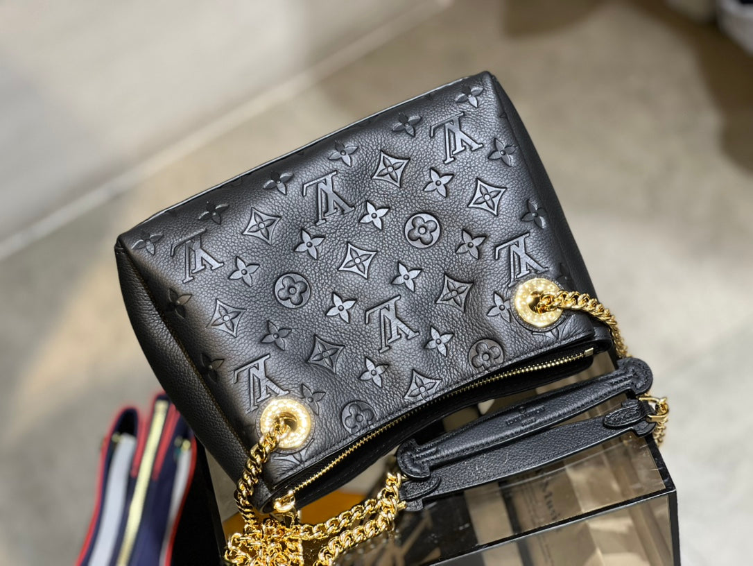 Louis Vuitton Elegant Black Embossed Shoulder Bag with Gold Chain Strap
