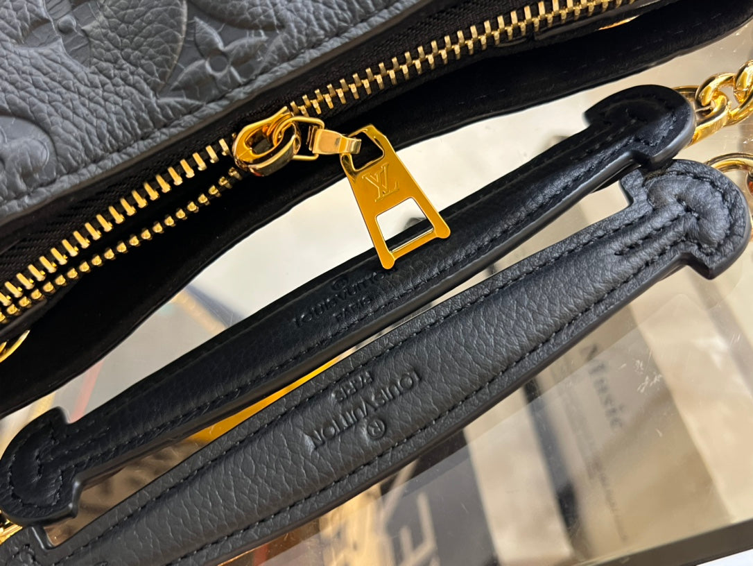 Louis Vuitton Elegant Black Embossed Shoulder Bag with Gold Chain Strap