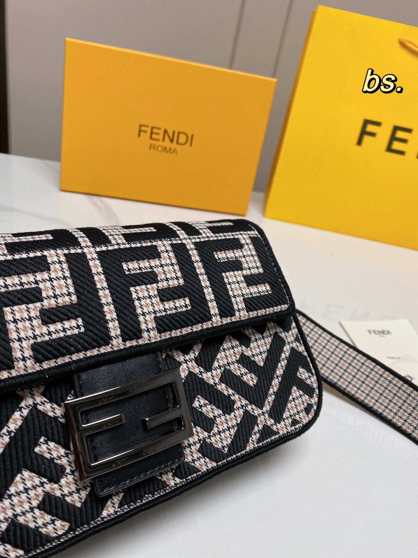 Fendi Baguette FF Monogram Shoulder Bag - Black &amp; White Fabric with Wide Strap