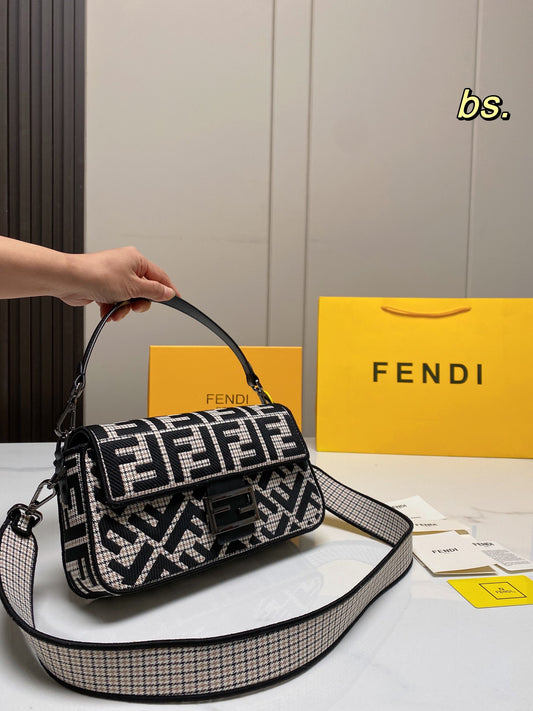 Fendi Baguette FF Monogram Shoulder Bag - Black &amp; White Fabric with Wide Strap