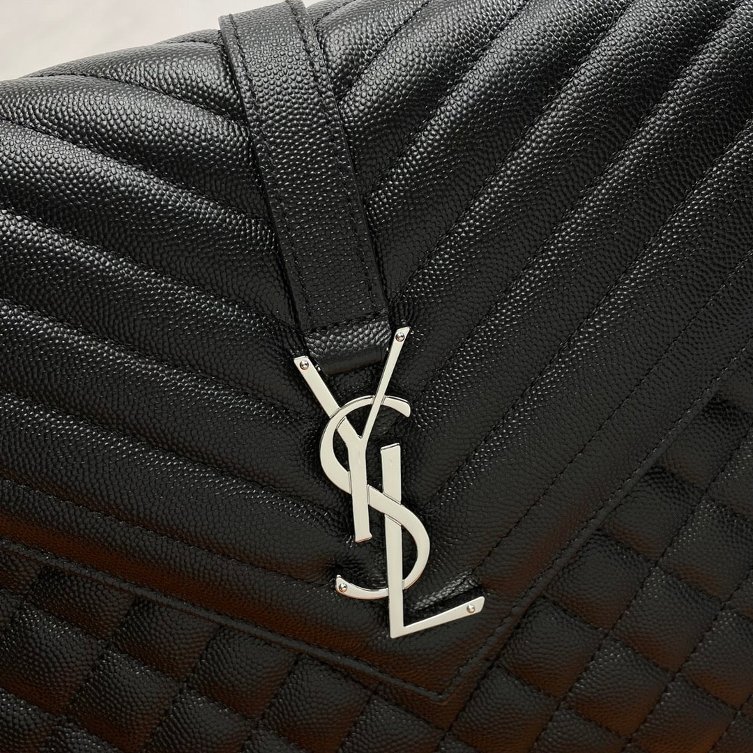 Saint Laurent Envelope Medium Bag in Mix Matelassé Grain de Poudre Leather - Black