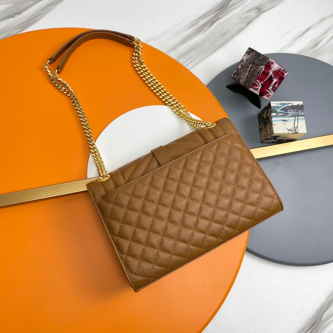 Saint Laurent Envelope Medium Bag in Quilted Grain de Poudre Embossed Leather - Dark Beige