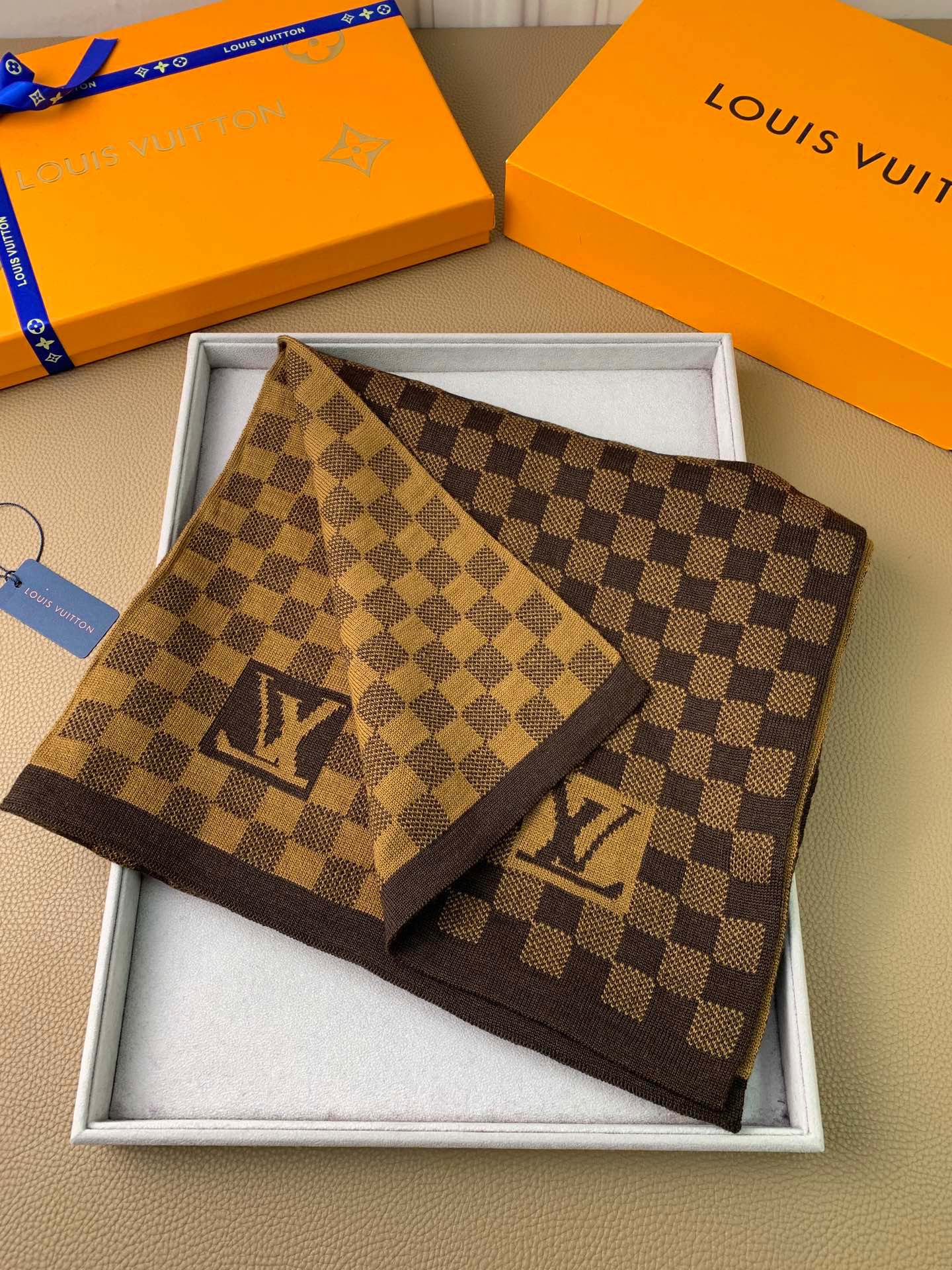 Louis Vuitton Damier Ebene Brown Checkered Scarf with LV Logo and Presentation Box