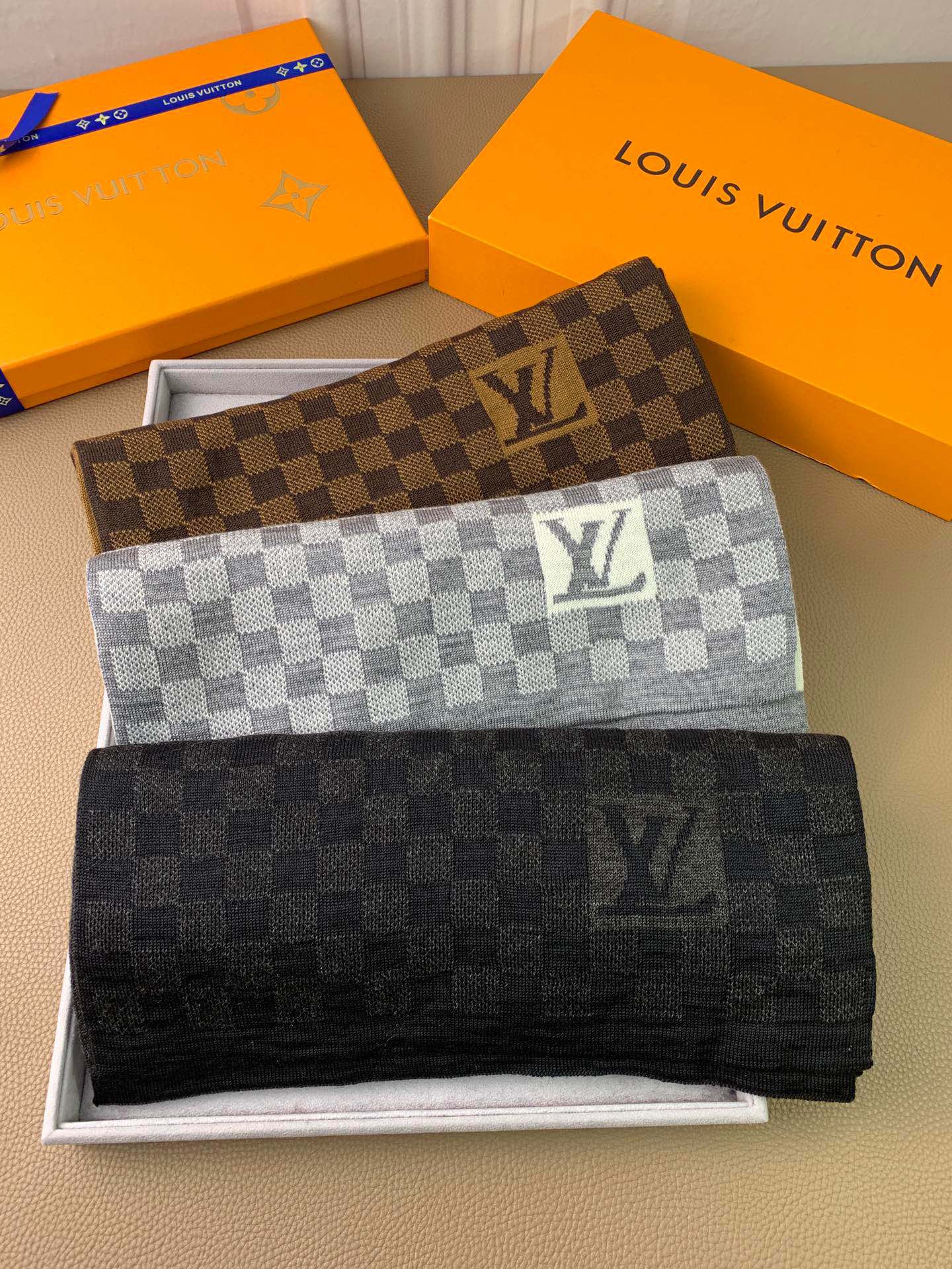 Louis Vuitton Damier Ebene Brown Checkered Scarf with LV Logo and Presentation Box