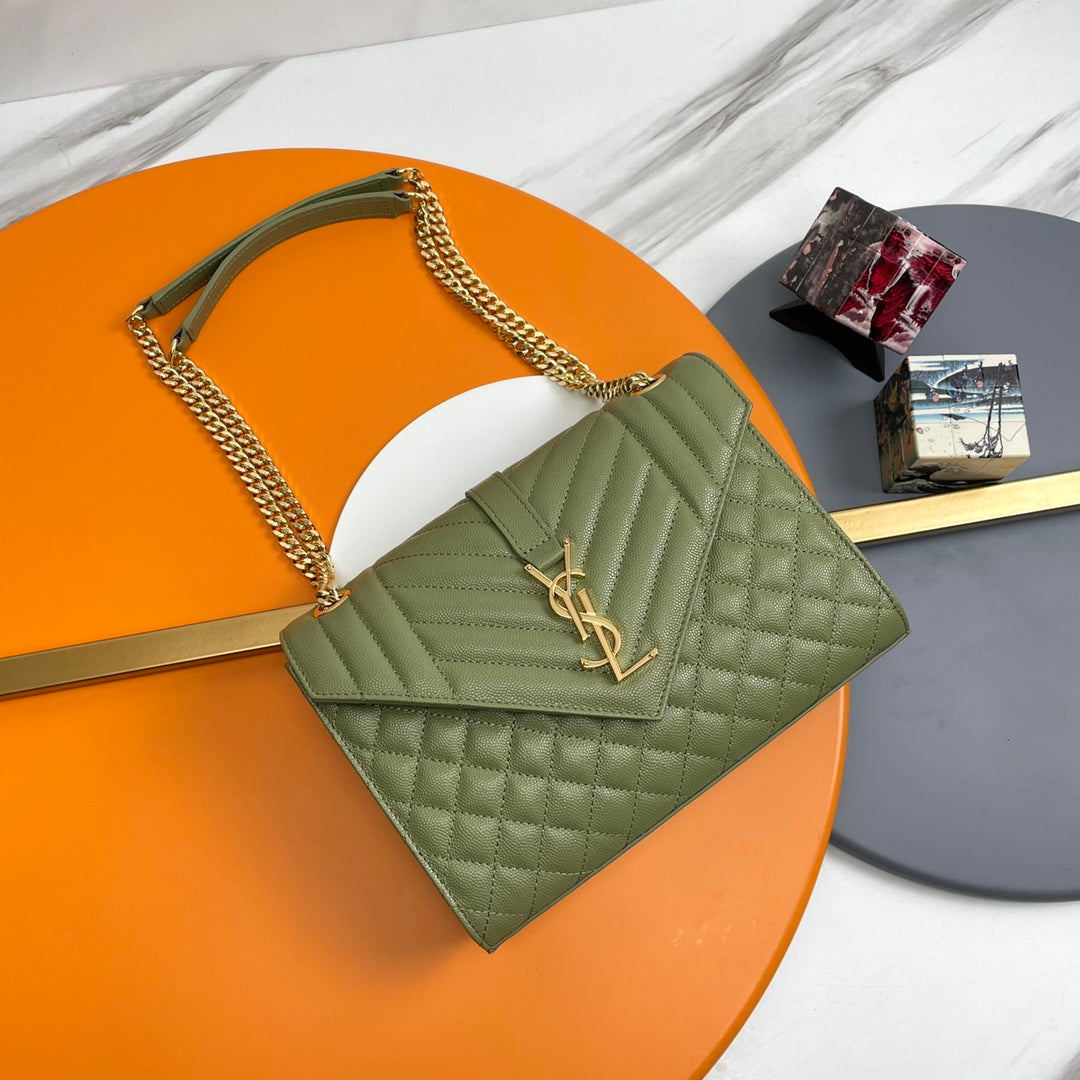 Saint Laurent Envelope Bag in Mix Matelassé Grain de Poudre Leather - Olive Green