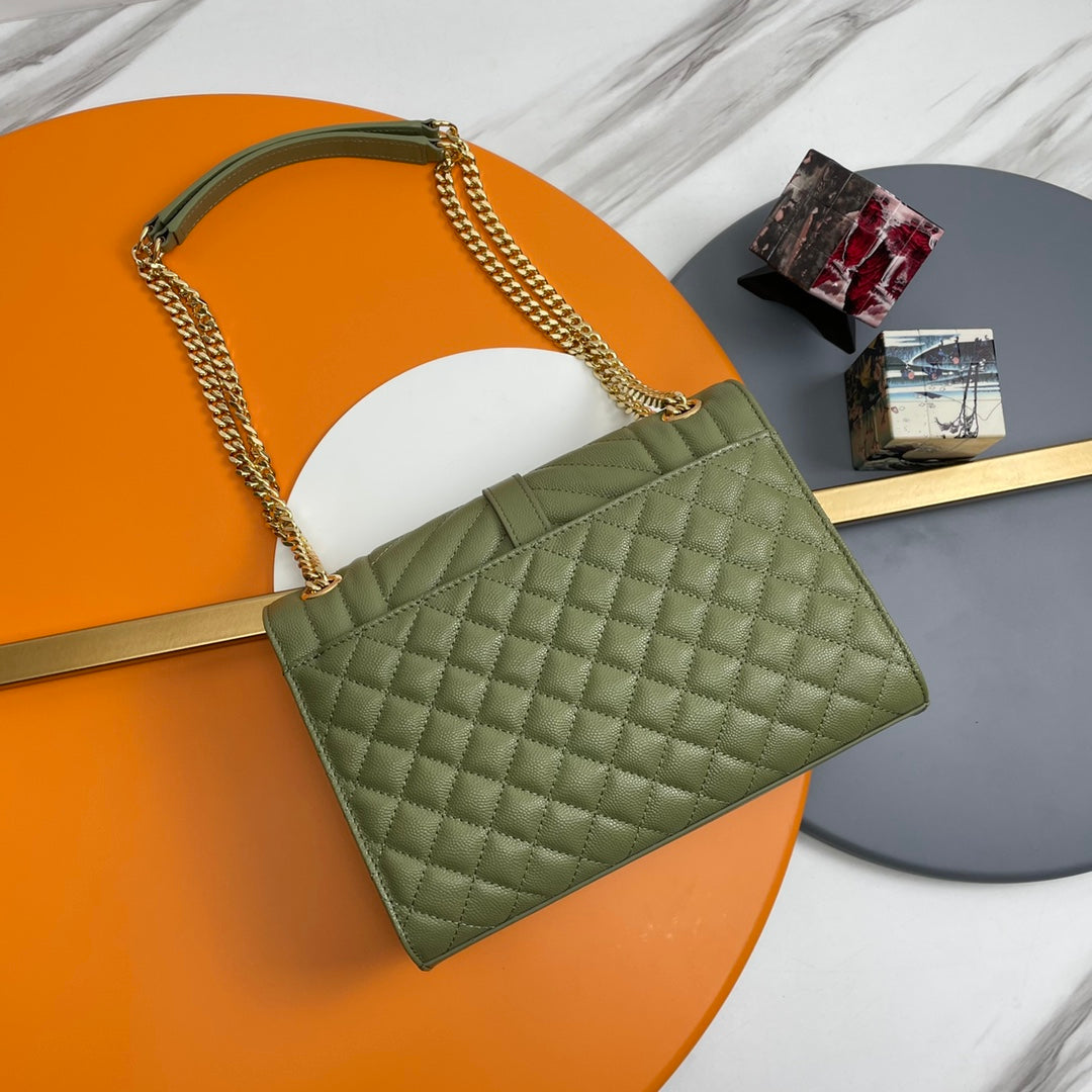 Saint Laurent Envelope Bag in Mix Matelassé Grain de Poudre Leather - Olive Green