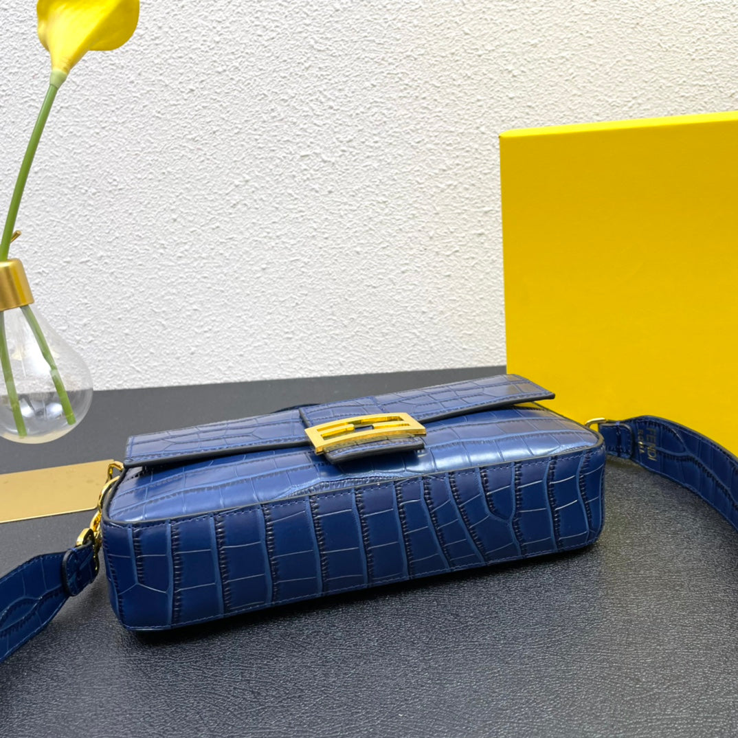 Fendi Blue Croc-Embossed Baguette Shoulder Bag with Gold Hardware