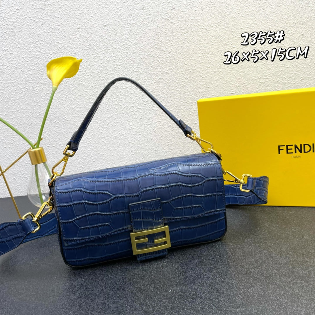 Fendi Blue Croc-Embossed Baguette Shoulder Bag with Gold Hardware