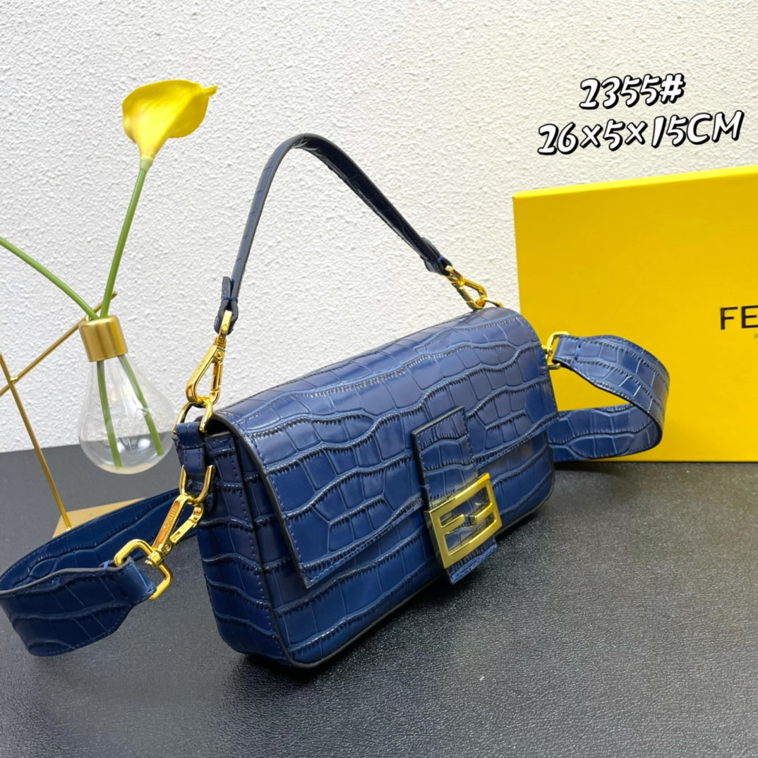 Fendi Blue Croc-Embossed Baguette Shoulder Bag with Gold Hardware