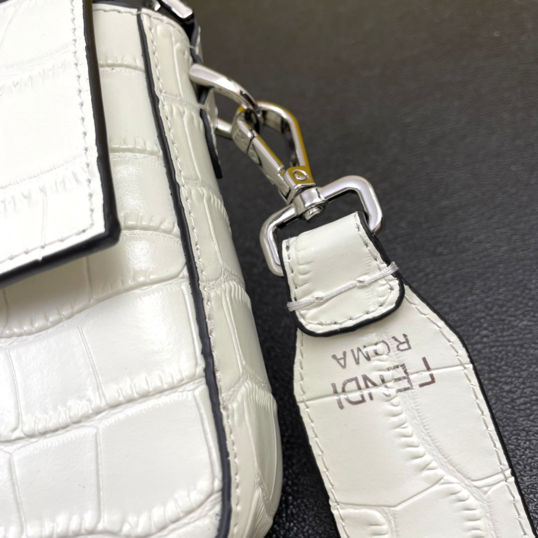 Fendi White Textured Leather Baguette Bag with Silver Hardware