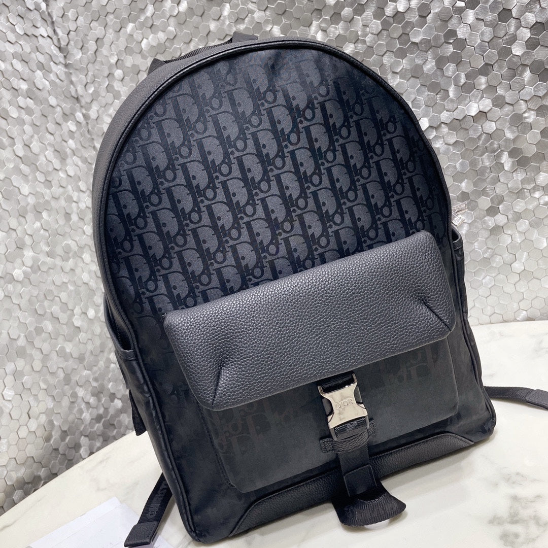 Dior Navy Blue Monogram Canvas Backpack with Buckle Front Flap