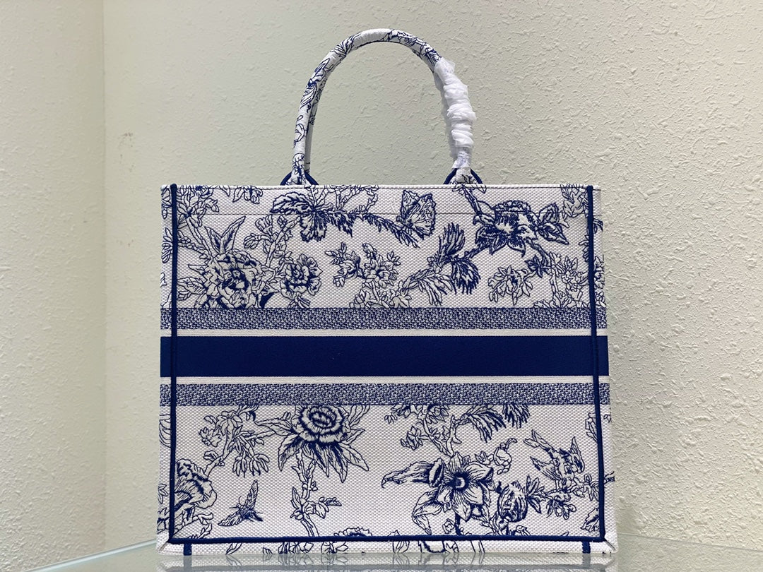Christian Dior Medium Book Tote - Blue Toile de Jouy Embroidery