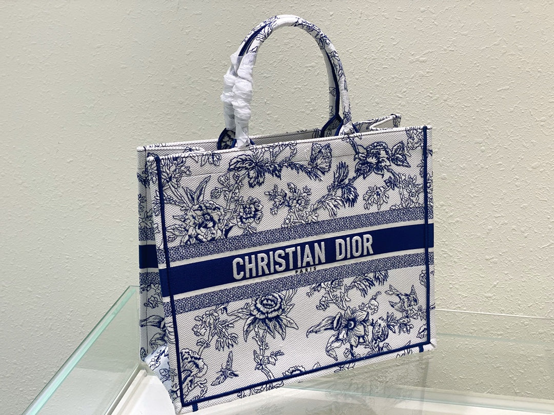 Dior Blue and White Floral Toile Embroidered Canvas Tote Bag