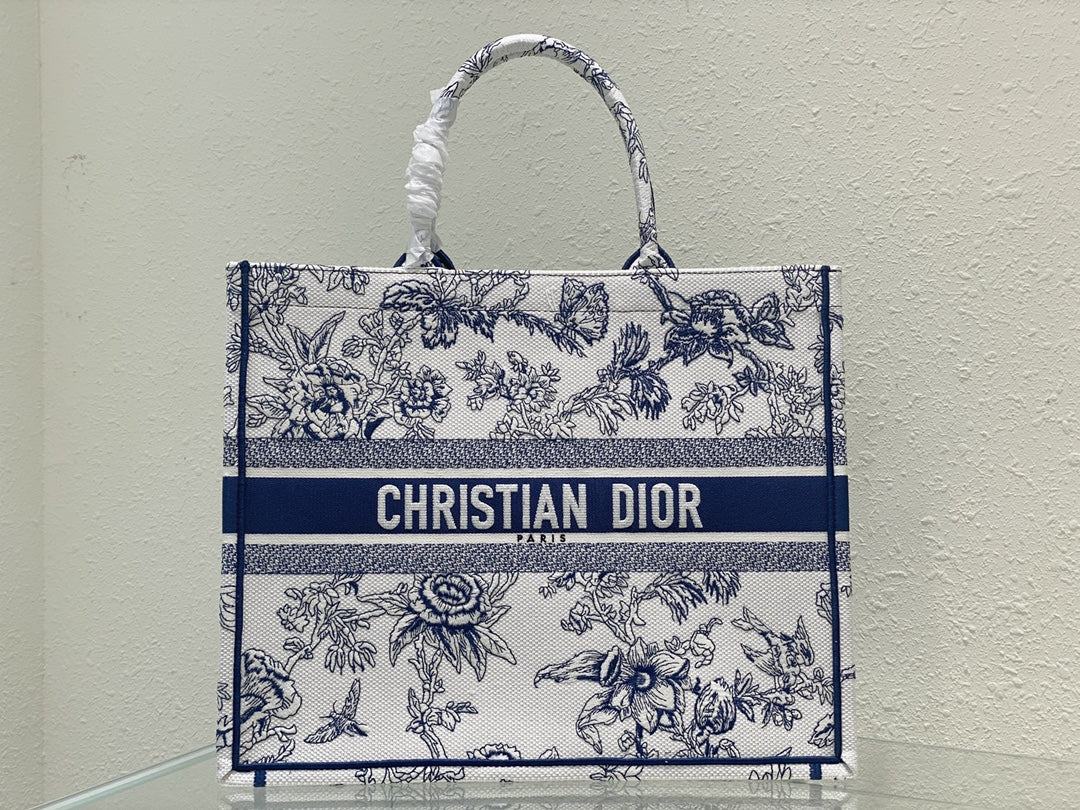 Dior Blue and White Floral Toile Embroidered Canvas Tote Bag