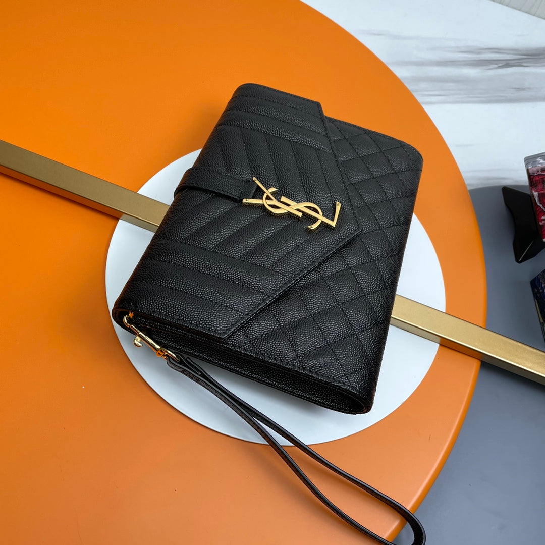 Yves Saint Laurent Monogram Quilted Leather Wristlet Envelope Clutch - Black