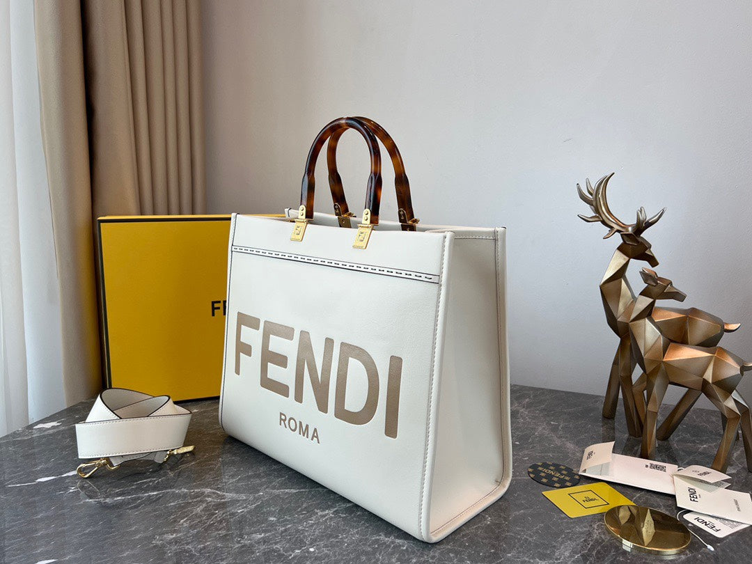 Fendi Sunshine Medium Tote Bag - White Leather with Tortoiseshell Handles