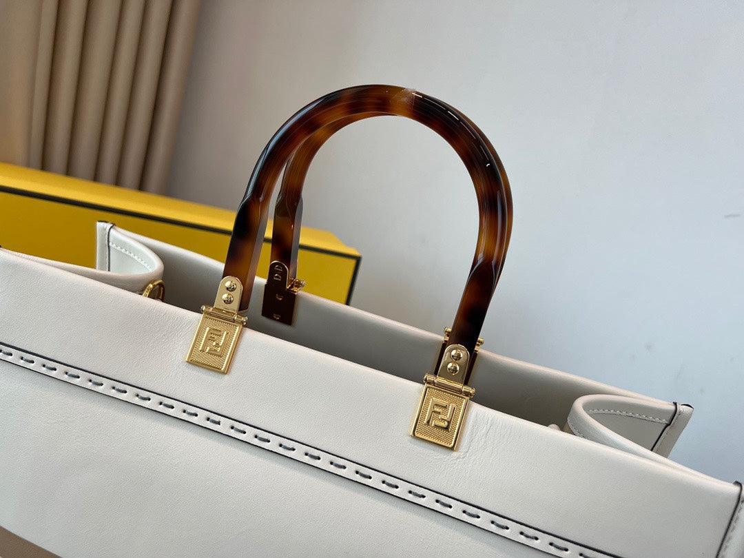 Fendi Sunshine Medium Shopper Bag - White Leather Tote with Tortoiseshell Handles