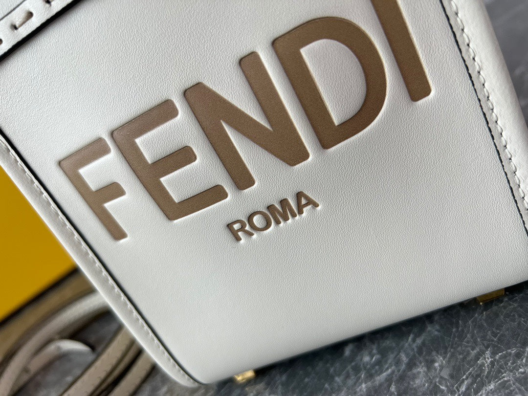 Fendi Sunshine Shopper Mini White Leather Tote Bag with Tortoiseshell Handles