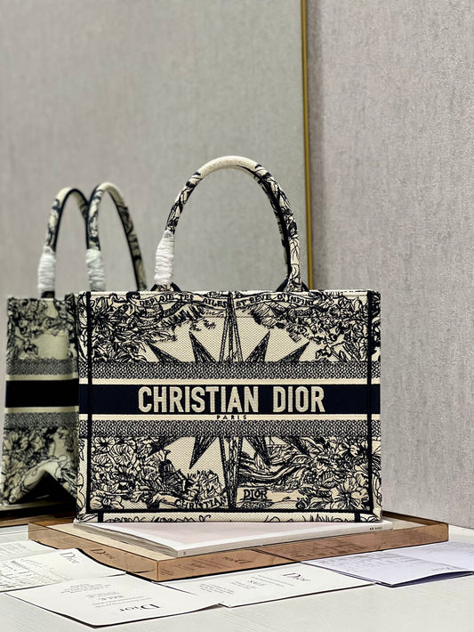 Christian Dior Medium Book Tote Bag - Black and White Embroidered Toile de Jouy with Star Motif