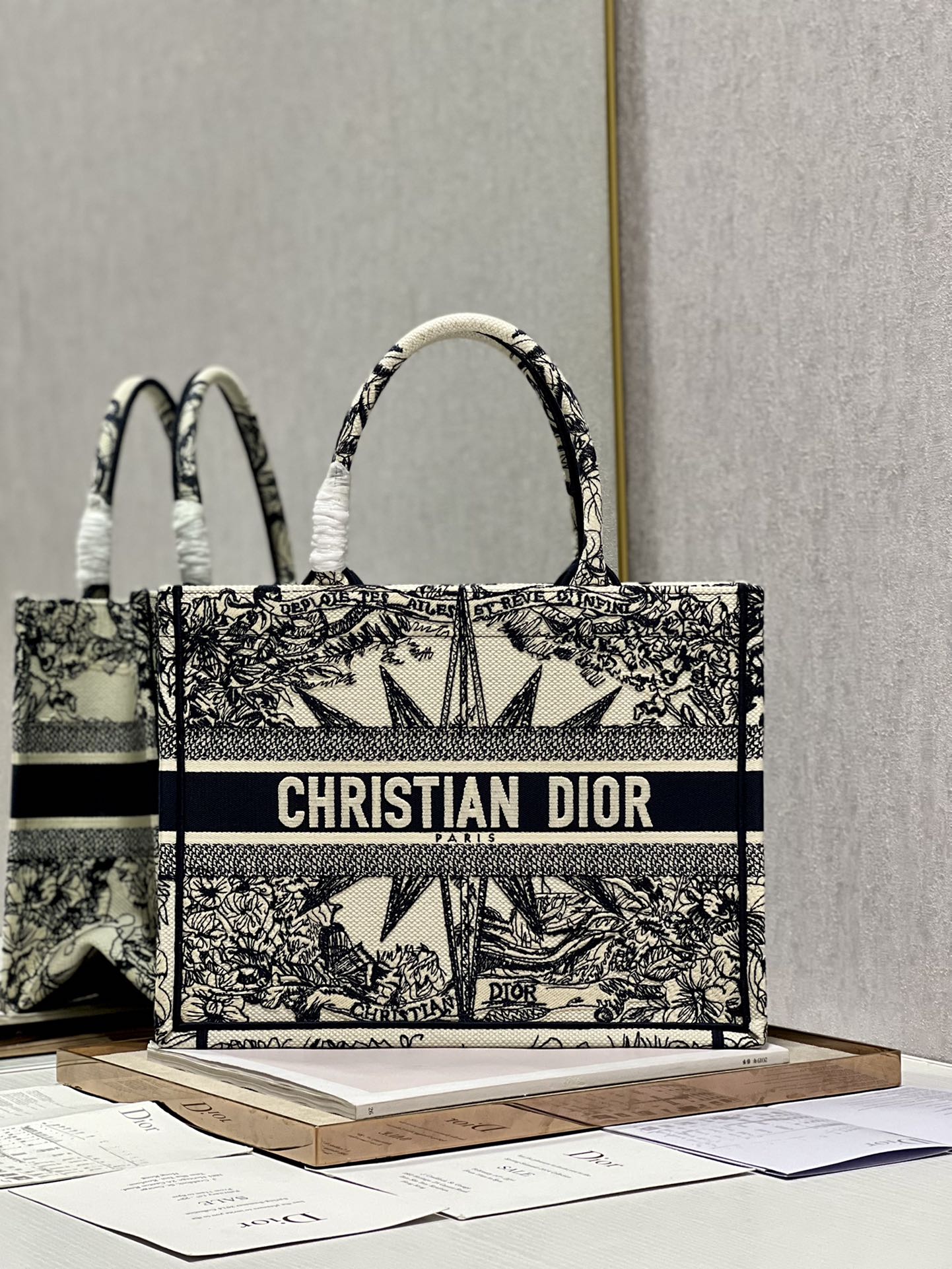 Dior Elegant Black and White Embroidered Star Canvas Tote Handbag