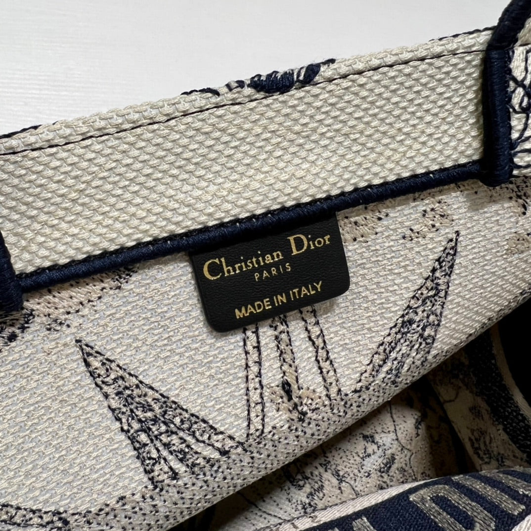 Christian Dior Medium Book Tote Bag - Black and White Embroidered Toile de Jouy with Star Motif