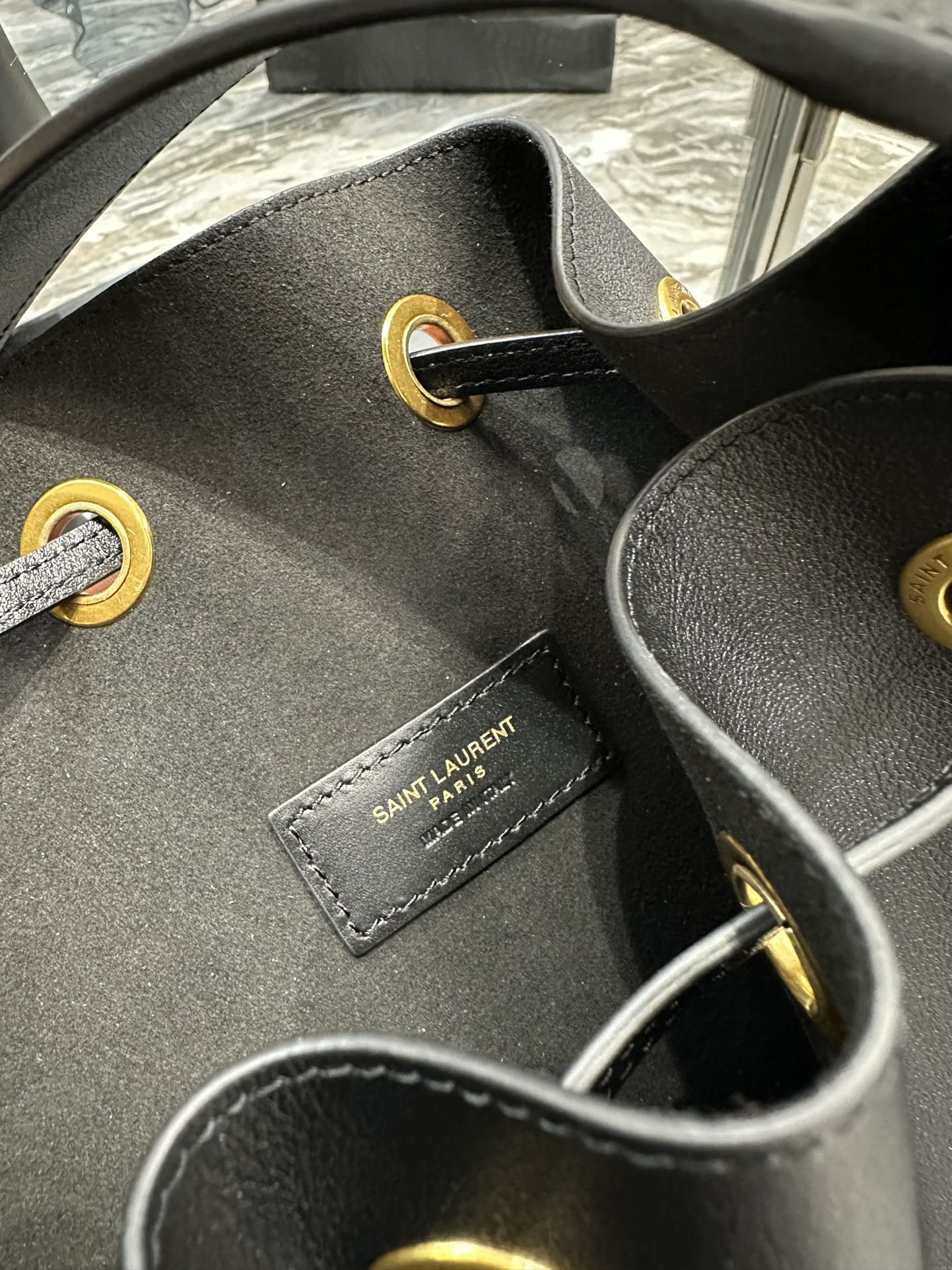Saint Laurent Leather Drawstring Bucket Bag with Detachable Pouch - Black