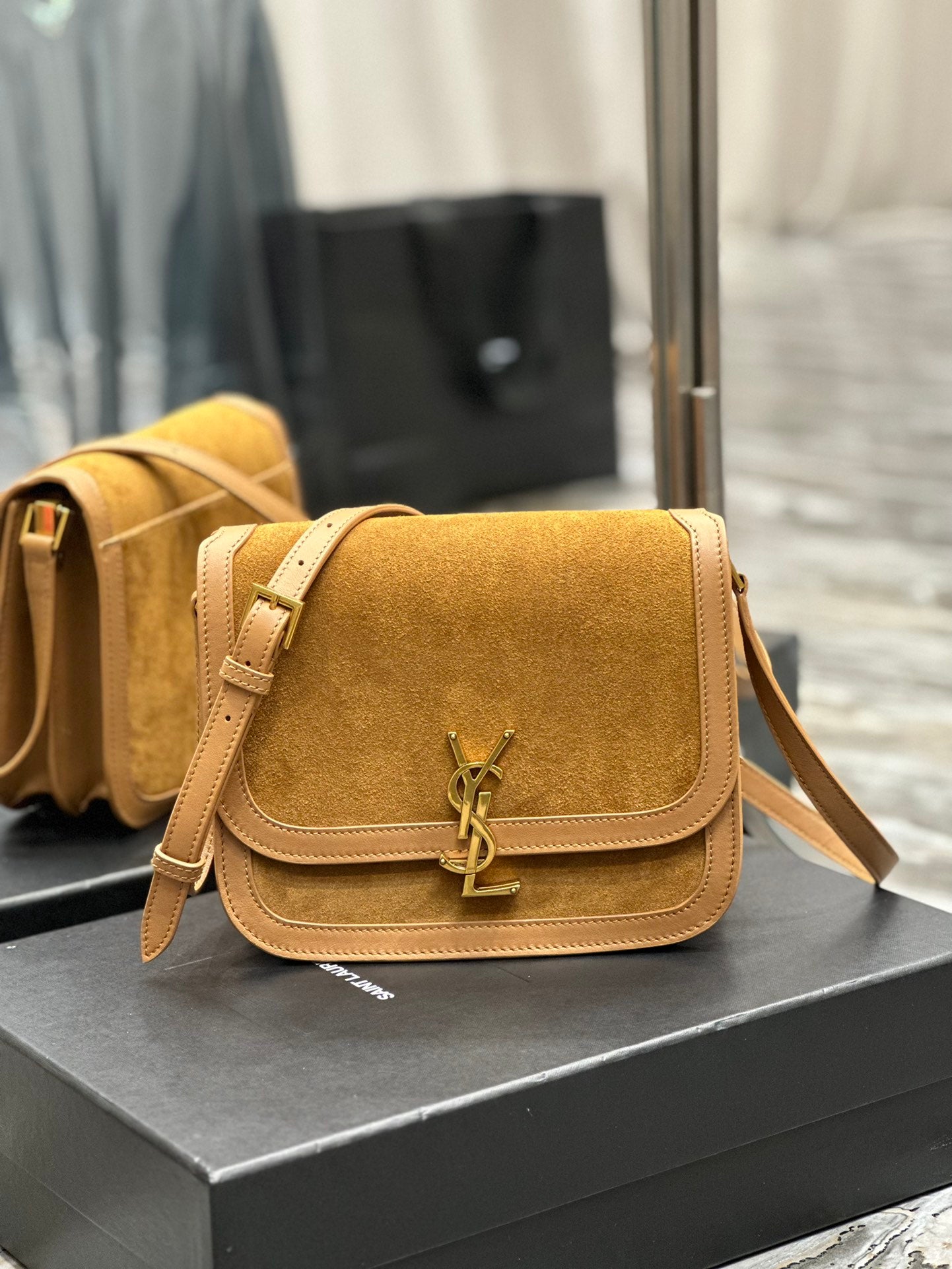 Saint Laurent Solferino Medium Satchel Bag in Suede and Leather - Tan