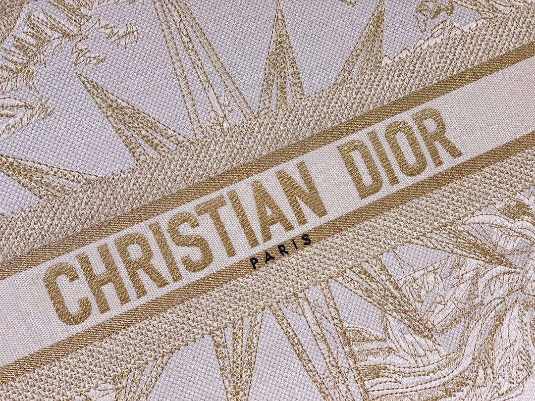 Dior Elegant Gold Star and Floral Embroidered Canvas Tote Bag