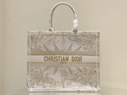 Christian Dior Medium Book Tote - Gold & White Rêve d'Infini Embroidered Canvas
