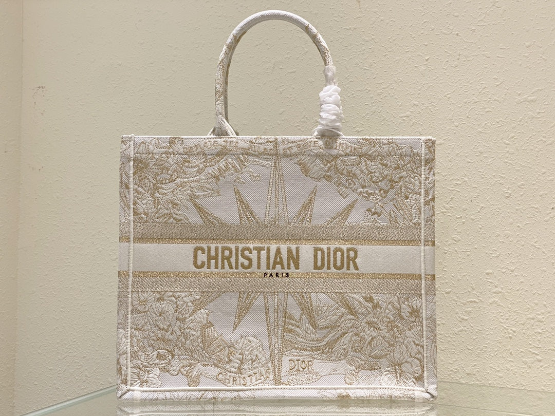 Dior Beige and Gold Embroidered Celestial Star Canvas Tote Bag