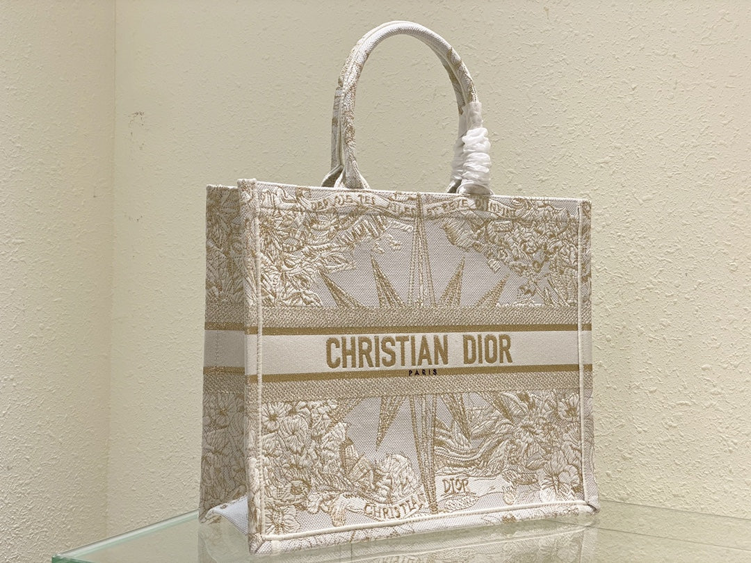 Dior Elegant Gold Star and Floral Embroidered Canvas Tote Bag