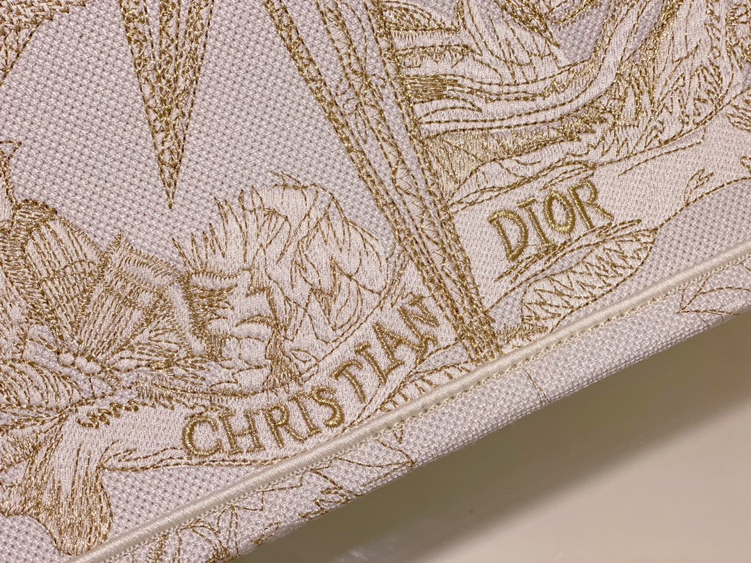 Dior Elegant Gold Star and Floral Embroidered Canvas Tote Bag