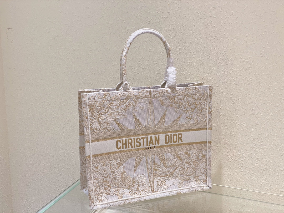 Dior Beige and Gold Embroidered Celestial Star Canvas Tote Bag