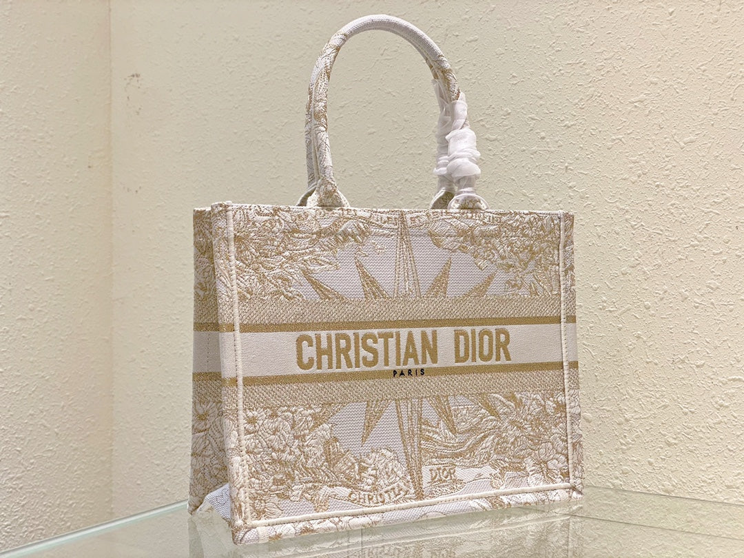 Dior Elegant Gold and White Embroidered Star Canvas Tote Bag
