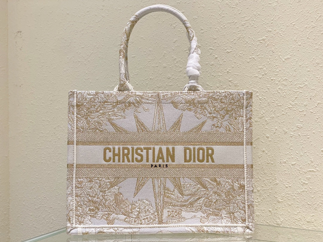 Dior Elegant Gold and White Embroidered Star Canvas Tote Bag