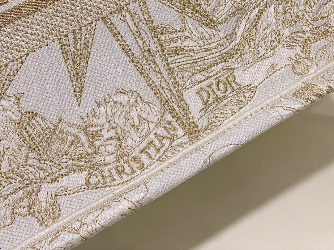 Dior Elegant Gold and White Embroidered Star Canvas Tote Bag